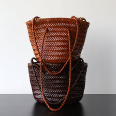Hand-Woven Cowhide Leather Bucket Bag | Women's Braided Drawstring Basket Purse