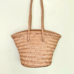Hand-Woven Cowhide Leather Bucket Bag | Women's Braided Drawstring Basket Purse