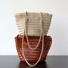 Hand-Woven Cowhide Leather Bucket Bag | Women's Braided Drawstring Basket Purse