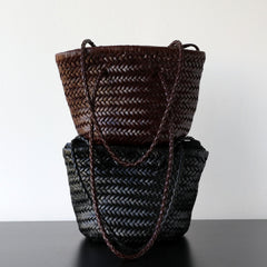 Hand-Woven Cowhide Leather Bucket Bag | Women's Braided Drawstring Basket Purse
