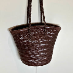 Hand-Woven Cowhide Leather Bucket Bag | Women's Braided Drawstring Basket Purse