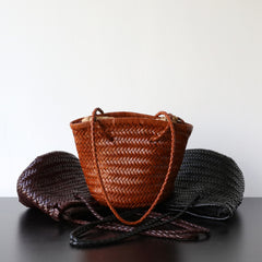 Hand-Woven Cowhide Leather Bucket Bag | Women's Braided Drawstring Basket Purse