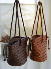Hand-Woven Cowhide Leather Bucket Bag | Women's Braided Drawstring Basket Purse