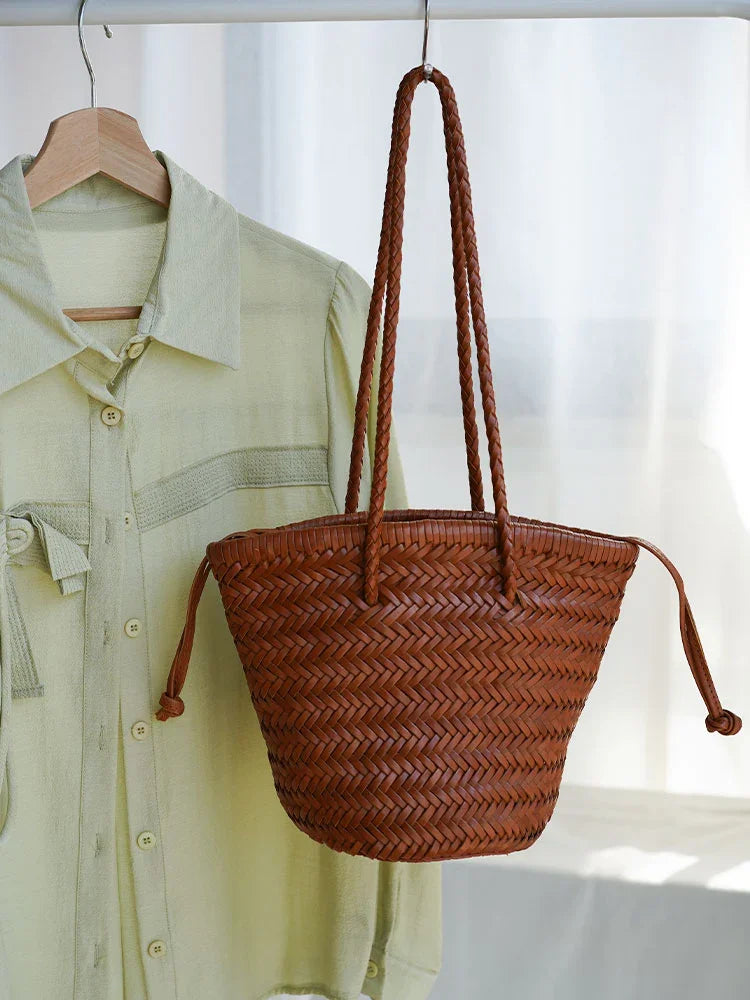 Hand-Woven Cowhide Leather Bucket Bag | Women's Braided Drawstring Basket Purse