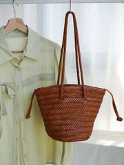 Hand-Woven Cowhide Leather Bucket Bag | Women's Braided Drawstring Basket Purse