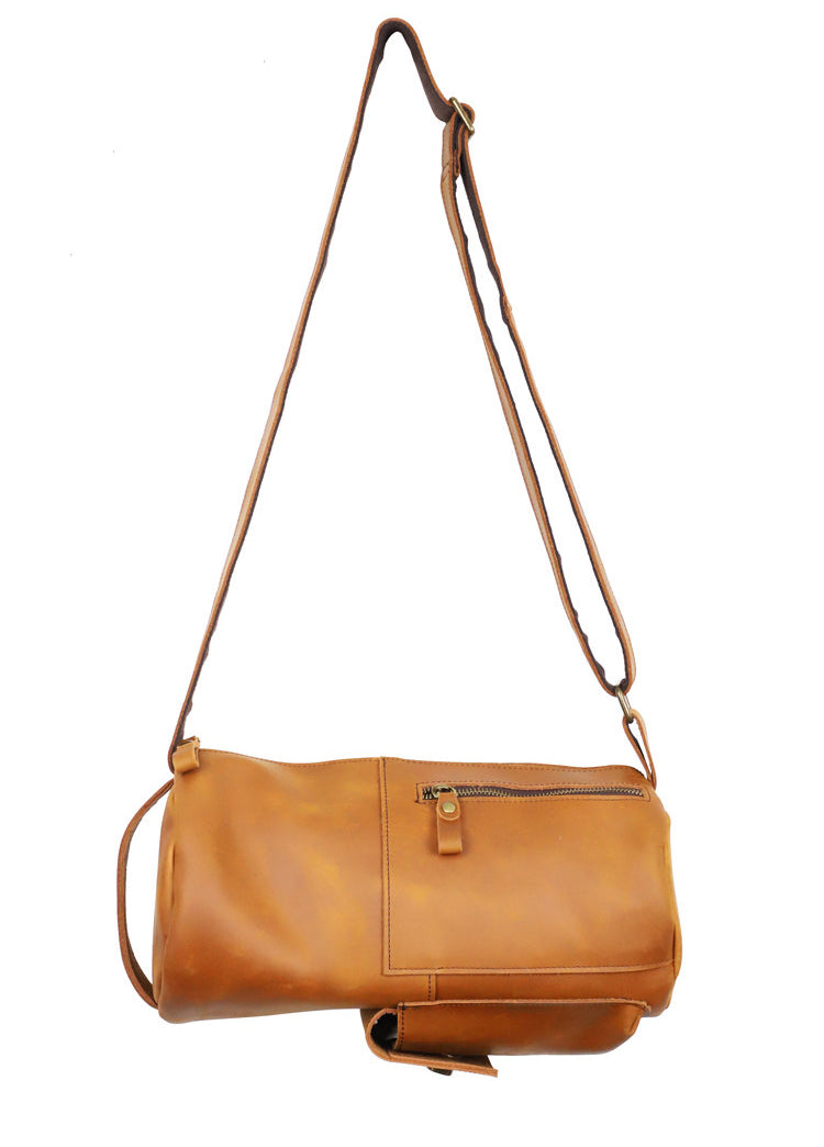 Handcrafted Full Grain Leather Round Barrel Bag | Men's Vintage Motorcycle Crossbody Sling Bag