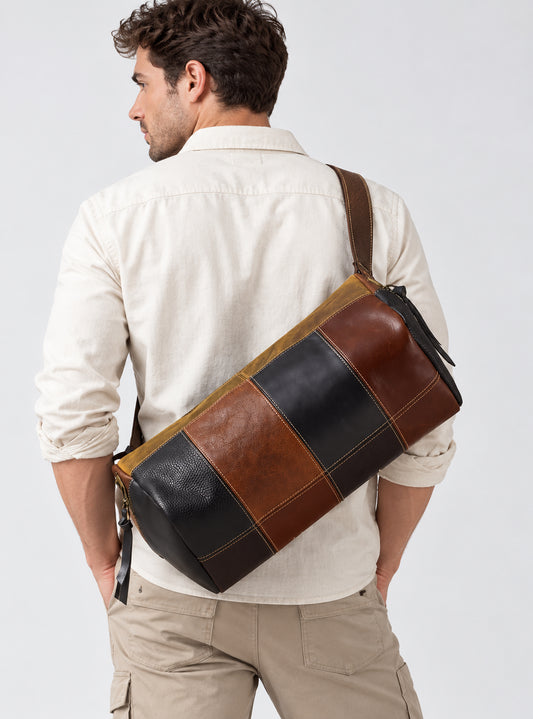 Handcrafted Full Grain Cowhide Patchwork Barrel Bag | Men's Vintage Color-Block Leather Crossbody Shoulder Bag