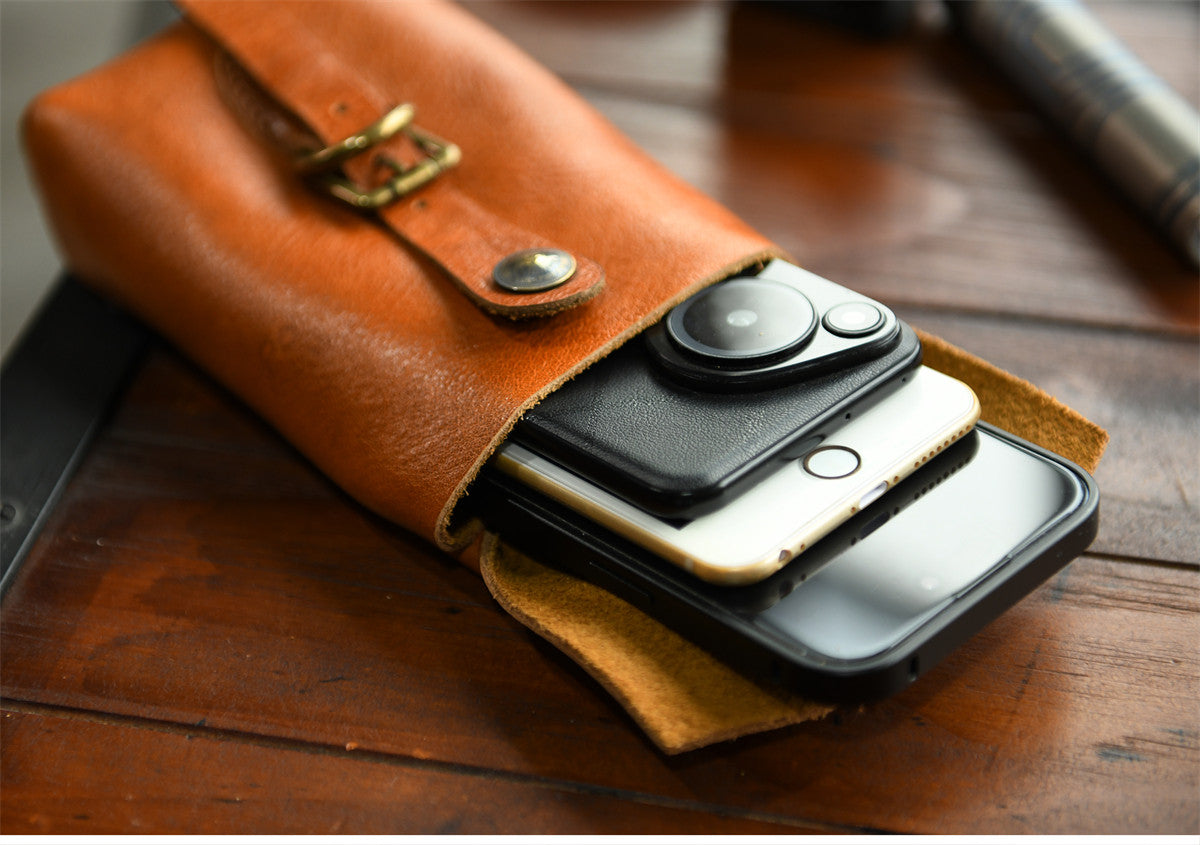 Handcrafted Full Grain Leather Belt Pouch | Cowhide Phone Holster | Outdoor EDC Waist Bag for Men