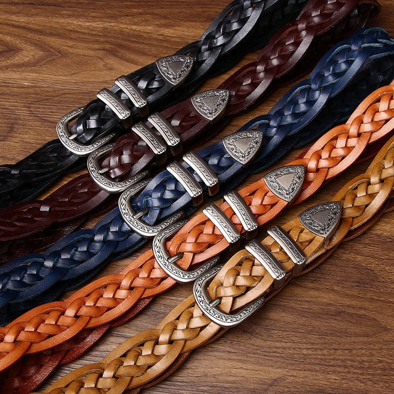 Handcrafted Full Grain Leather Braided Belt | Women's & Men's Vintage Pin-Buckle Belt