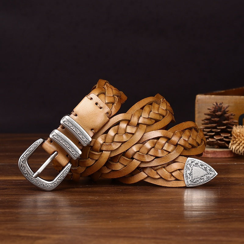 Handcrafted Full Grain Leather Braided Belt | Women's & Men's Vintage Pin-Buckle Belt