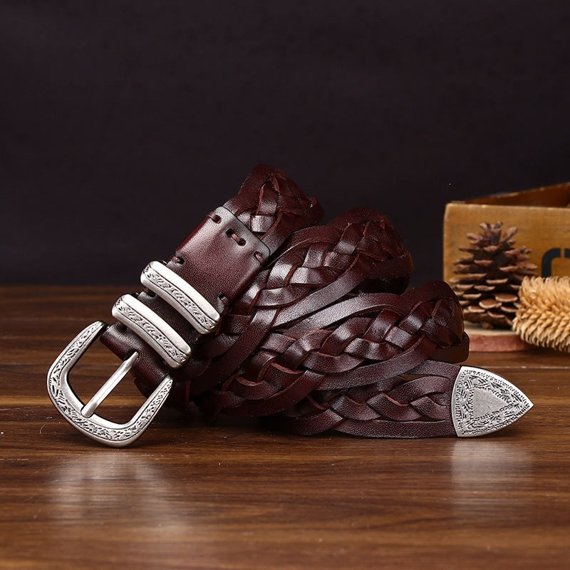 Handcrafted Full Grain Leather Braided Belt | Women's & Men's Vintage Pin-Buckle Belt