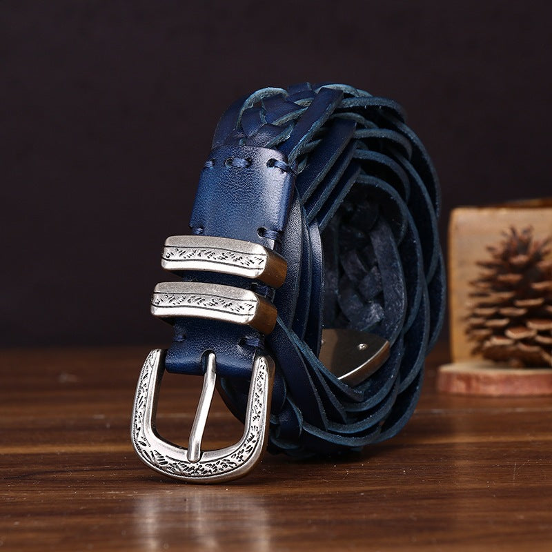 Handcrafted Full Grain Leather Braided Belt | Women's & Men's Vintage Pin-Buckle Belt