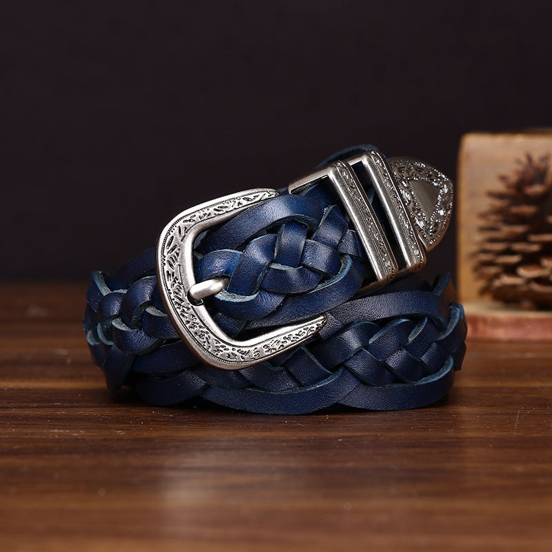 Handcrafted Full Grain Leather Braided Belt | Women's & Men's Vintage Pin-Buckle Belt