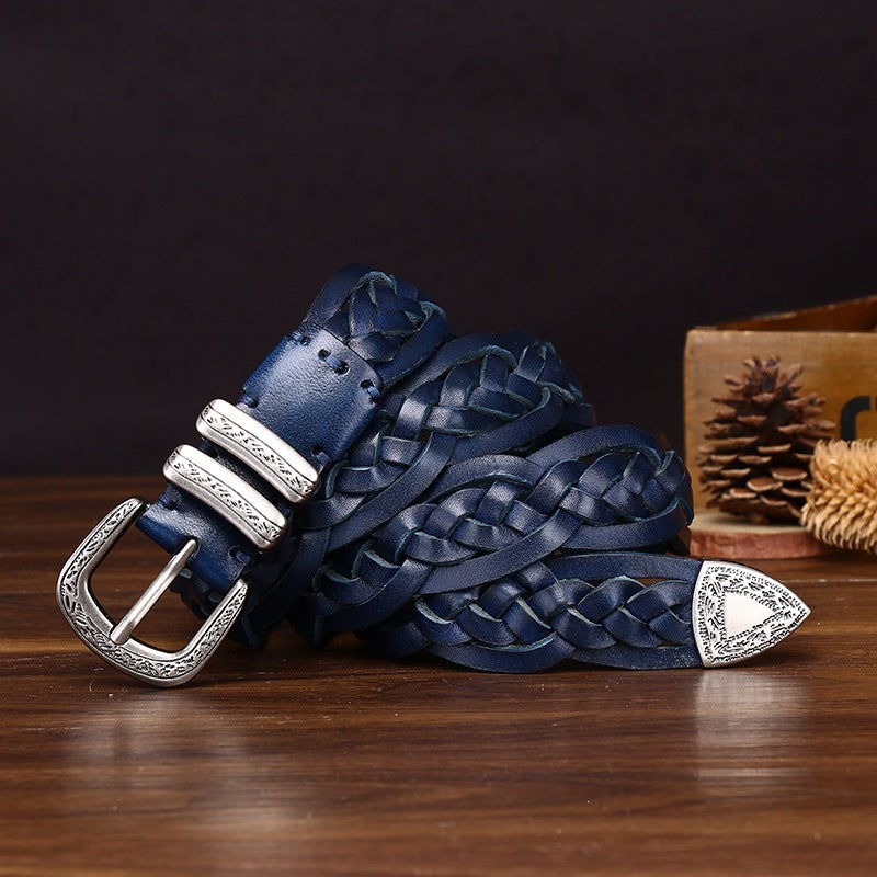 Handcrafted Full Grain Leather Braided Belt | Women's & Men's Vintage Pin-Buckle Belt