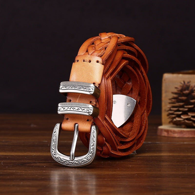 Handcrafted Full Grain Leather Braided Belt | Women's & Men's Vintage Pin-Buckle Belt