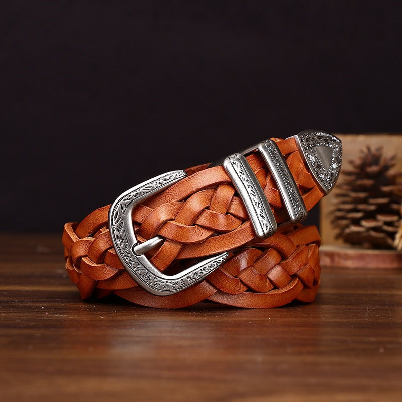 Handcrafted Full Grain Leather Braided Belt | Women's & Men's Vintage Pin-Buckle Belt