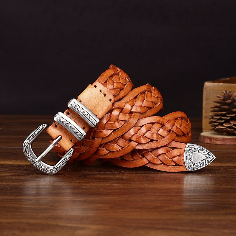 Handcrafted Full Grain Leather Braided Belt | Women's & Men's Vintage Pin-Buckle Belt