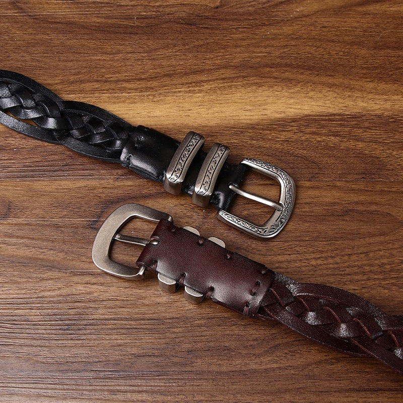 Handcrafted Full Grain Leather Braided Belt | Women's & Men's Vintage Pin-Buckle Belt