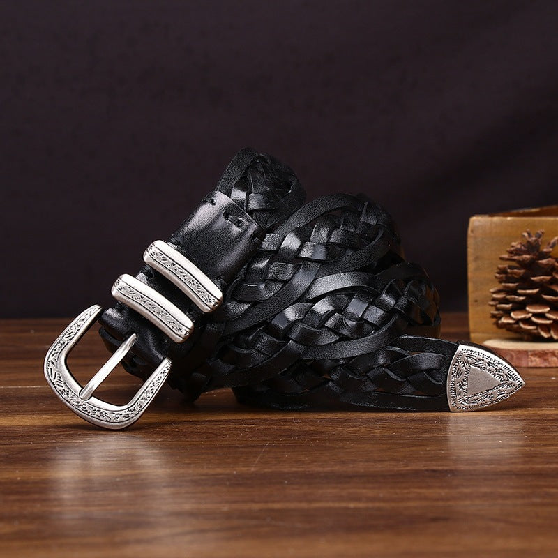 Handcrafted Full Grain Leather Braided Belt | Women's & Men's Vintage Pin-Buckle Belt