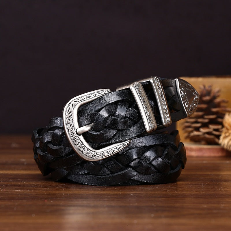 Handcrafted Full Grain Leather Braided Belt | Women's & Men's Vintage Pin-Buckle Belt