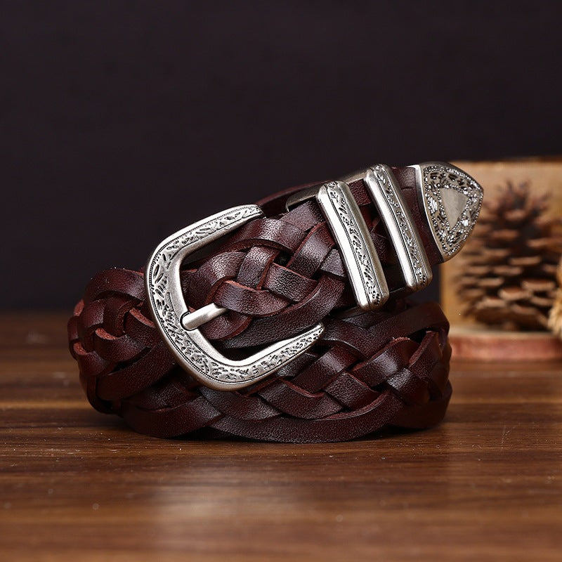 Handcrafted Full Grain Leather Braided Belt | Women's & Men's Vintage Pin-Buckle Belt
