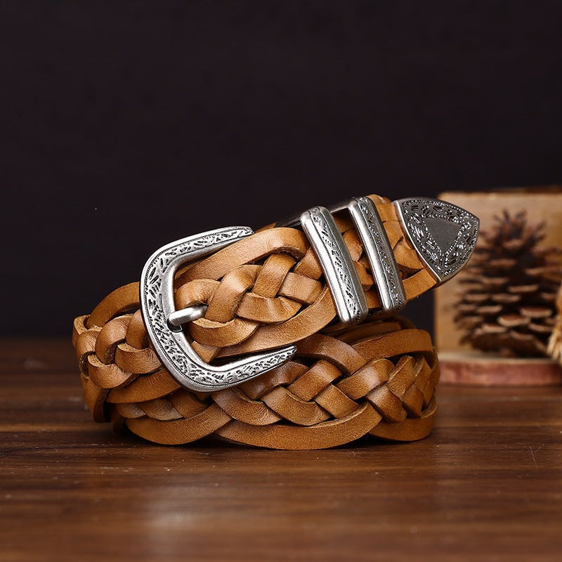 Handcrafted Full Grain Leather Braided Belt | Women's & Men's Vintage Pin-Buckle Belt