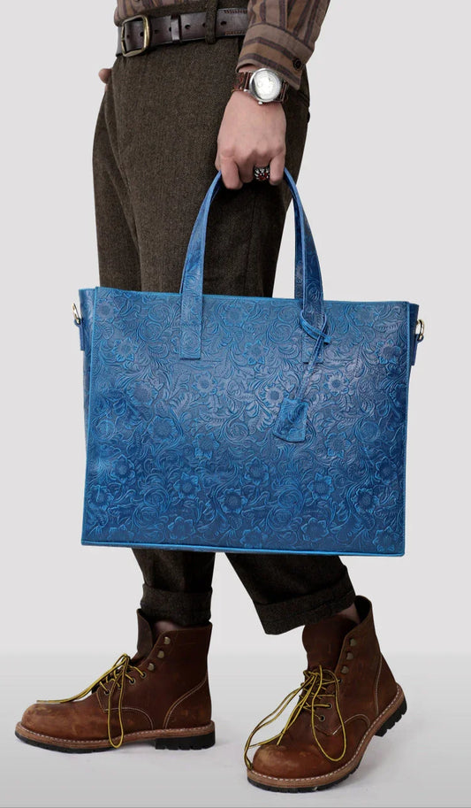 Handcrafted Full Grain Leather Briefcase with Floral Embossing, Vintage Laptop Tote Bag for Men & Women | Fits 16" Laptop | Leather Shoulder & Crossbody Work Bag or Weekend & Overnight Bags