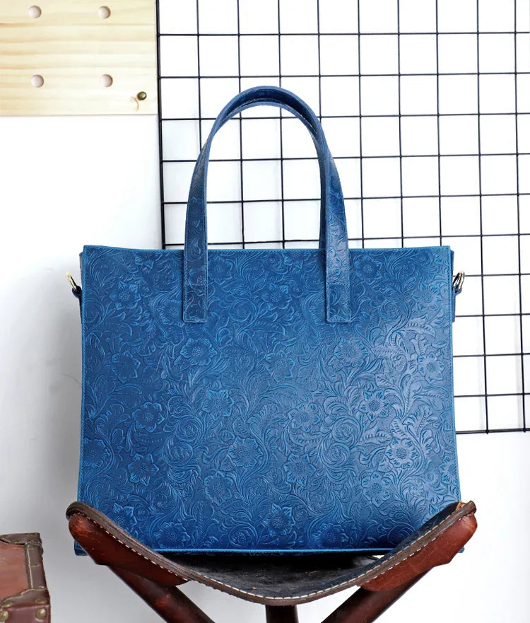 Handcrafted Full Grain Leather Briefcase with Floral Embossing, Vintage Laptop Tote Bag for Men & Women | Fits 16" Laptop | Leather Shoulder & Crossbody Work Bag or Weekend & Overnight Bags