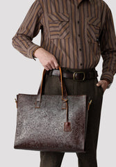 Handcrafted Full Grain Leather Briefcase with Floral Embossing, Vintage Laptop Tote Bag for Men & Women | Fits 16" Laptop | Leather Shoulder & Crossbody Work Bag or Weekend & Overnight Bags