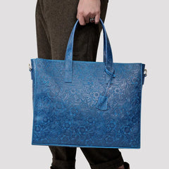 Handcrafted Full Grain Leather Briefcase with Floral Embossing, Vintage Laptop Tote Bag for Men & Women | Fits 16" Laptop | Leather Shoulder & Crossbody Work Bag or Weekend & Overnight Bags