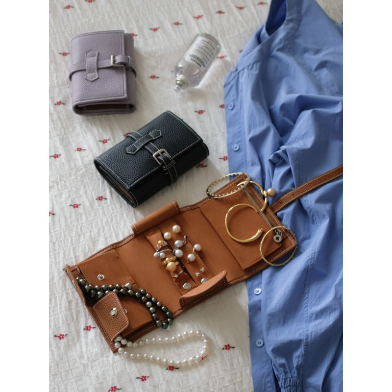 Handcrafted Full Grain Leather Jewellery Travel Organizer, Luxury Cowhide Jewellery Roll with Ring & Earring Holder, Portable Storage Case