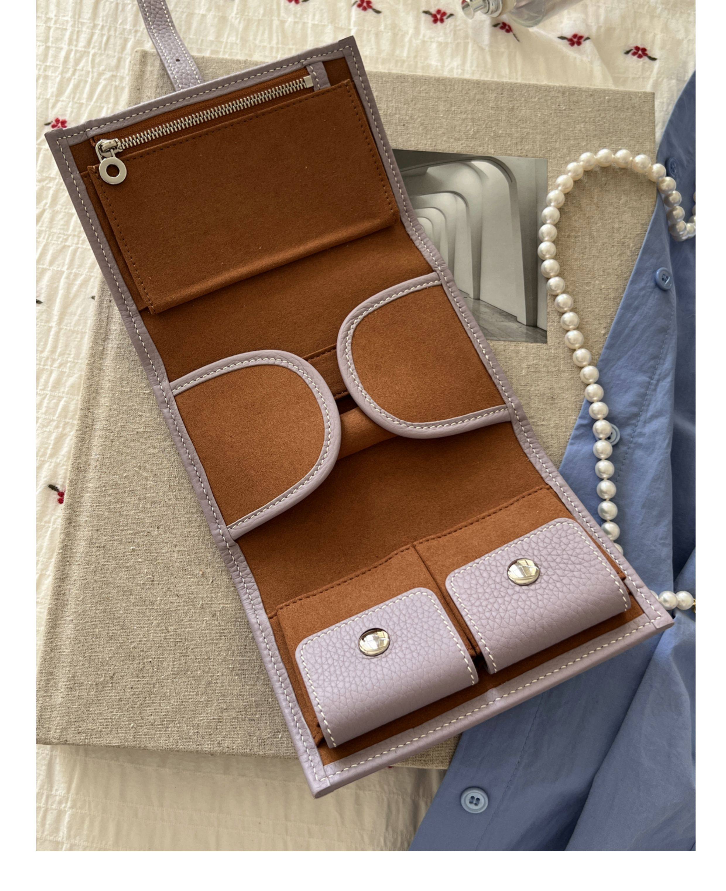 Handcrafted Full Grain Leather Jewellery Travel Organizer, Luxury Cowhide Jewellery Roll with Ring & Earring Holder, Portable Storage Case