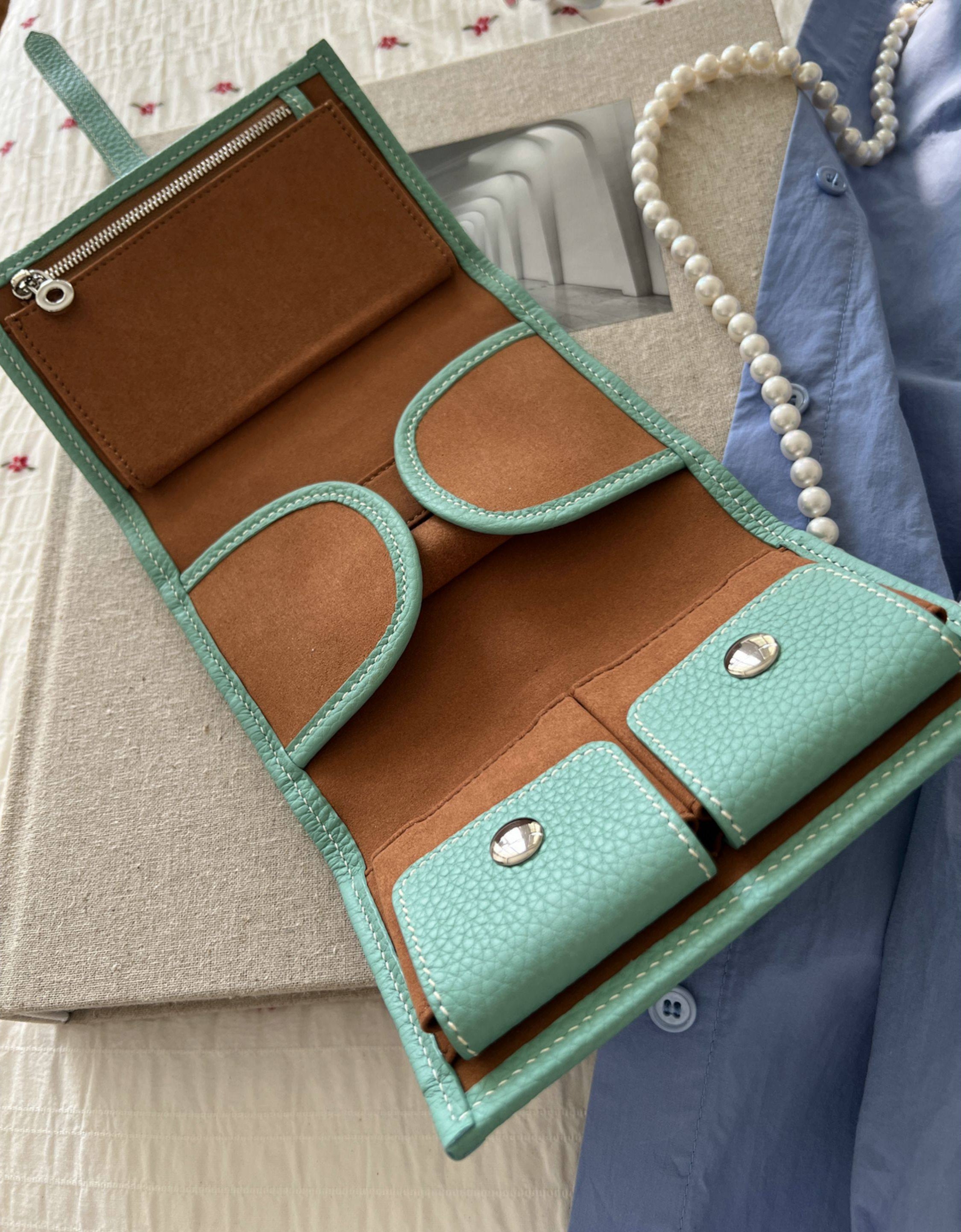 Handcrafted Full Grain Leather Jewellery Travel Organizer, Luxury Cowhide Jewellery Roll with Ring & Earring Holder, Portable Storage Case