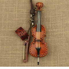Handcrafted Full Grain Leather Mini Violin & Double Bass Bag Charm – Leather Musical Instrument Keychain Decoration