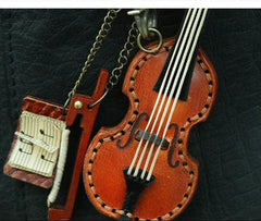 Handcrafted Full Grain Leather Mini Violin & Double Bass Bag Charm – Leather Musical Instrument Keychain Decoration