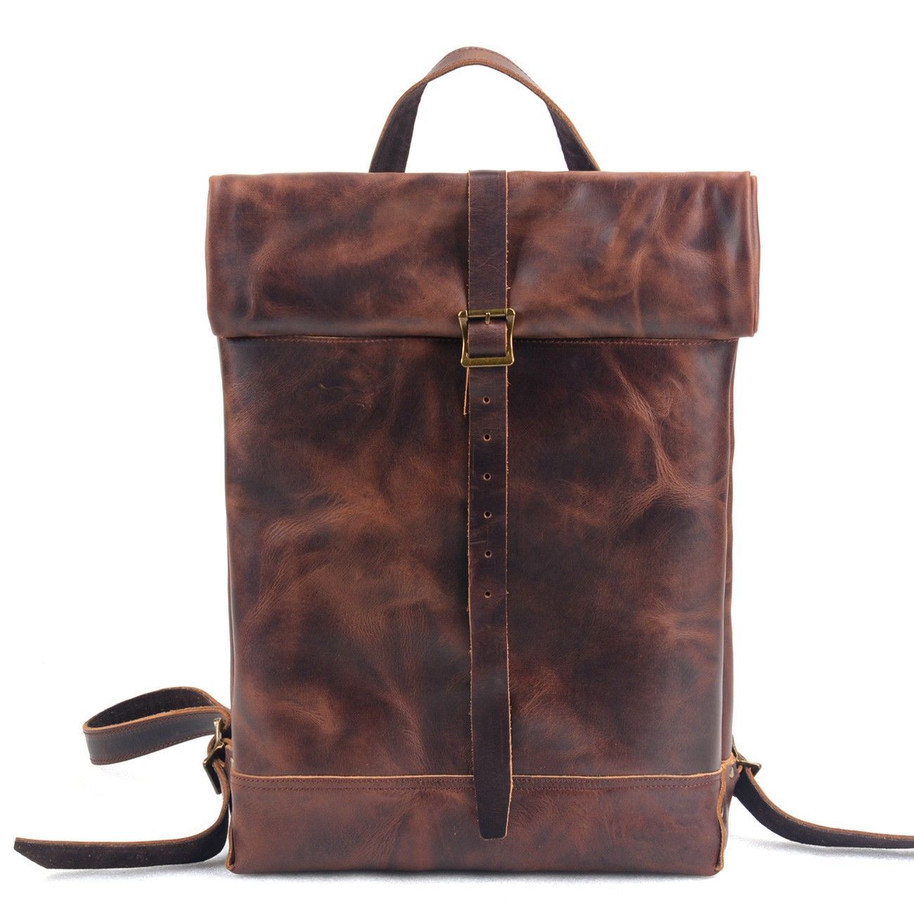 Handcrafted Full Grain Leather Roll-Top Backpack | Men's Vintage Business Commuter Laptop Travel Backpack