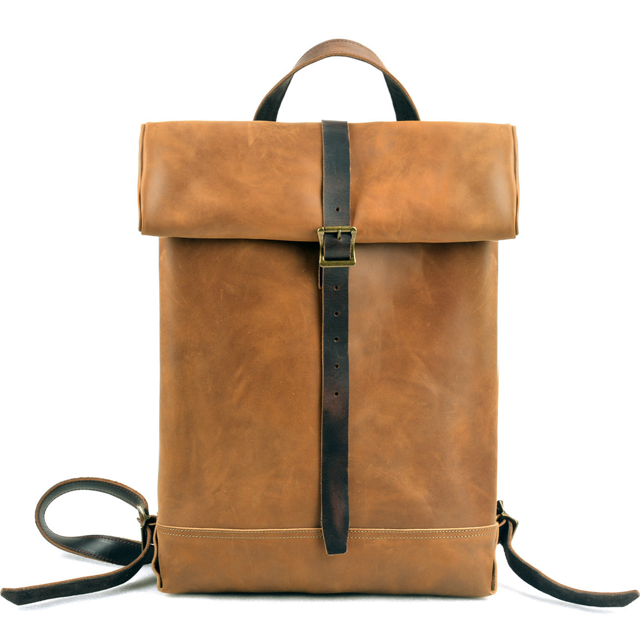 Handcrafted Full Grain Leather Roll-Top Backpack | Men's Vintage Business Commuter Laptop Travel Backpack