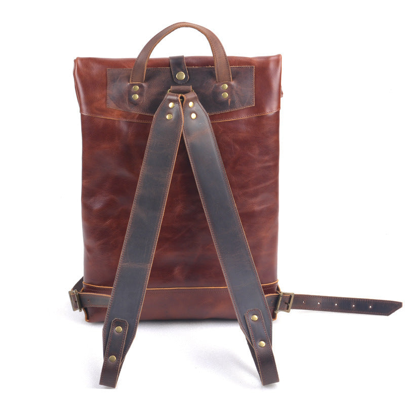 Handcrafted Full Grain Leather Roll-Top Backpack | Men's Vintage Business Commuter Laptop Travel Backpack