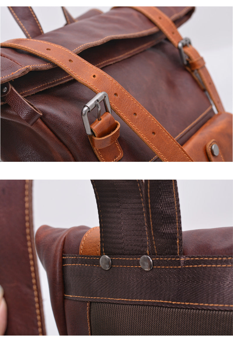 Handcrafted Full Grain Leather Roll-Top Backpack | Men's Vintage Laptop Travel & Hiking Backpack