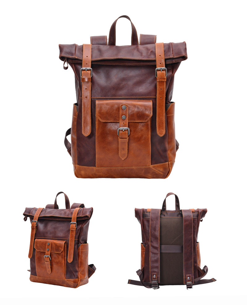 Handcrafted Full Grain Leather Roll-Top Backpack | Men's Vintage Laptop Travel & Hiking Backpack