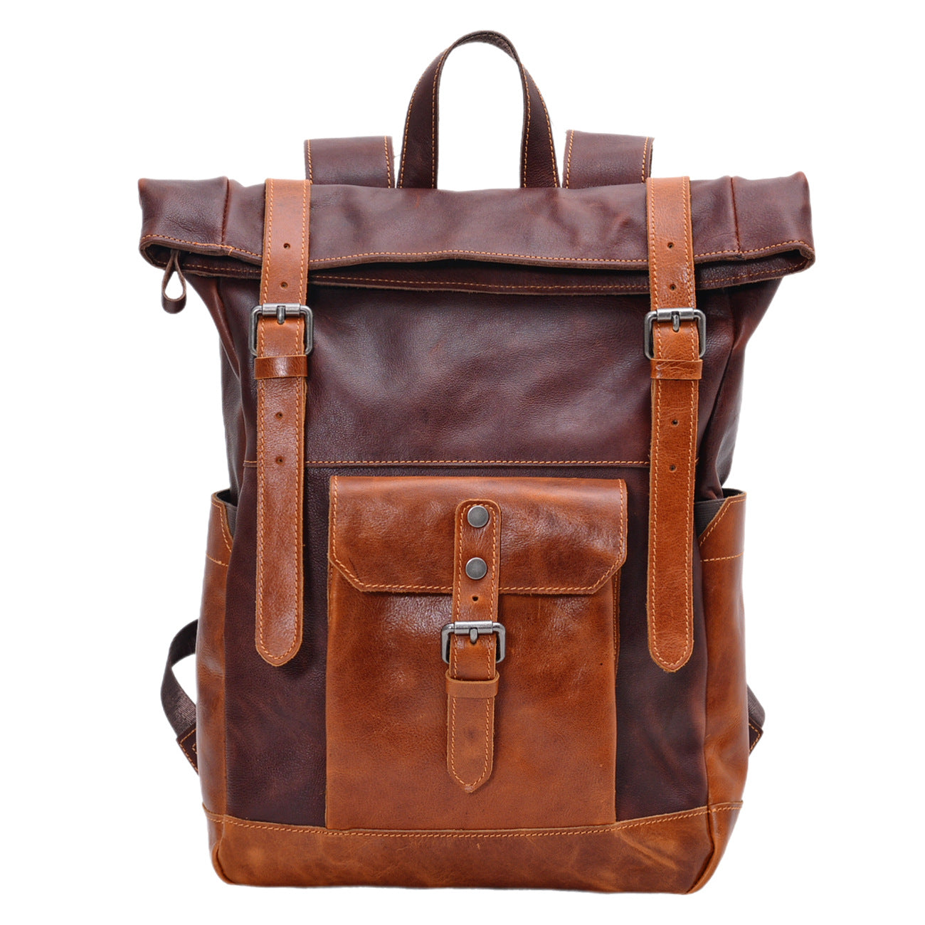 Handcrafted Full Grain Leather Roll-Top Backpack | Men's Vintage Laptop Travel & Hiking Backpack