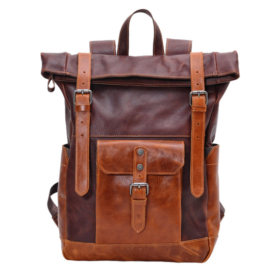 Handcrafted Full Grain Leather Roll-Top Backpack | Men's Vintage Laptop Travel & Hiking Backpack