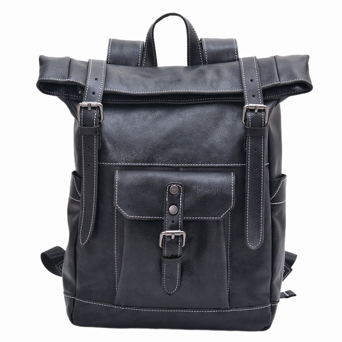 Handcrafted Full Grain Leather Roll-Top Backpack | Men's Vintage Laptop Travel & Hiking Backpack