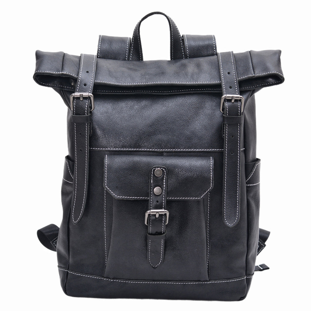 Handcrafted Full Grain Leather Roll-Top Backpack | Men's Vintage Laptop Travel & Hiking Backpack