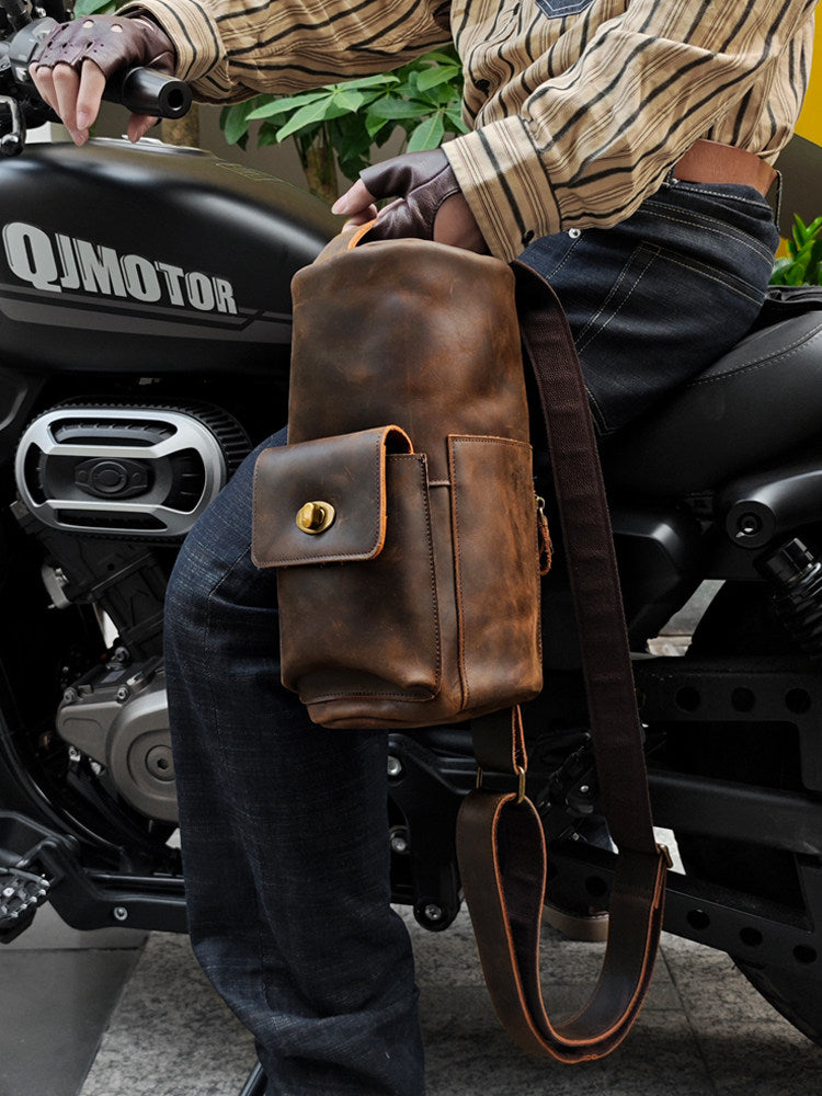 Handcrafted Full Grain Leather Round Barrel Bag | Men's Vintage Motorcycle Crossbody Sling Bag