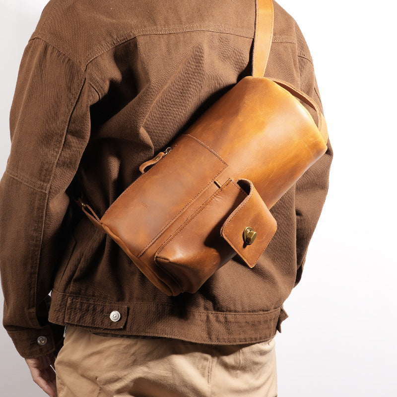Handcrafted Full Grain Leather Round Barrel Bag | Men's Vintage Motorcycle Crossbody Sling Bag