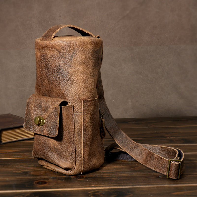 Handcrafted Full Grain Leather Round Barrel Bag | Men's Vintage Motorcycle Crossbody Sling Bag