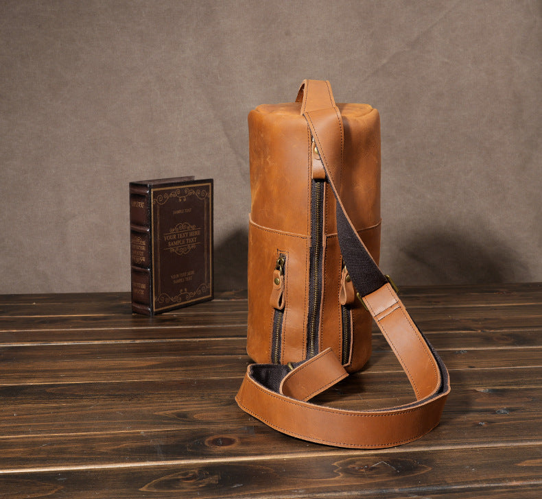 Handcrafted Full Grain Leather Round Barrel Bag | Men's Vintage Motorcycle Crossbody Sling Bag