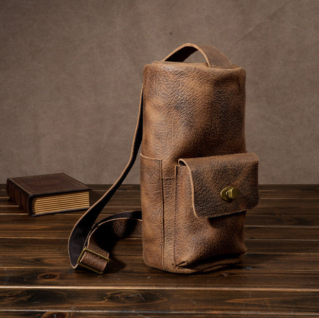 Handcrafted Full Grain Leather Round Barrel Bag | Men's Vintage Motorcycle Crossbody Sling Bag