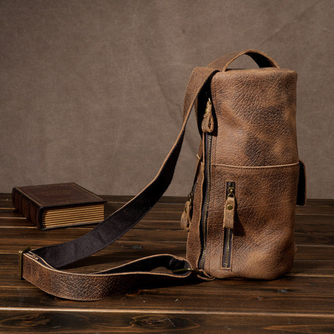Handcrafted Full Grain Leather Round Barrel Bag | Men's Vintage Motorcycle Crossbody Sling Bag